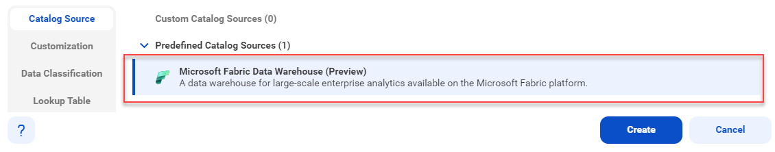 The image shows the list of catalog sources with the Microsoft Fabric Data Warehouse catalog source selected and an option to create a new catalog source.