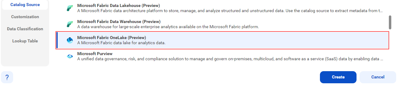 The image shows the list of catalog sources with the Microsoft Fabric OneLake catalog source selected and an option to create a new catalog source.