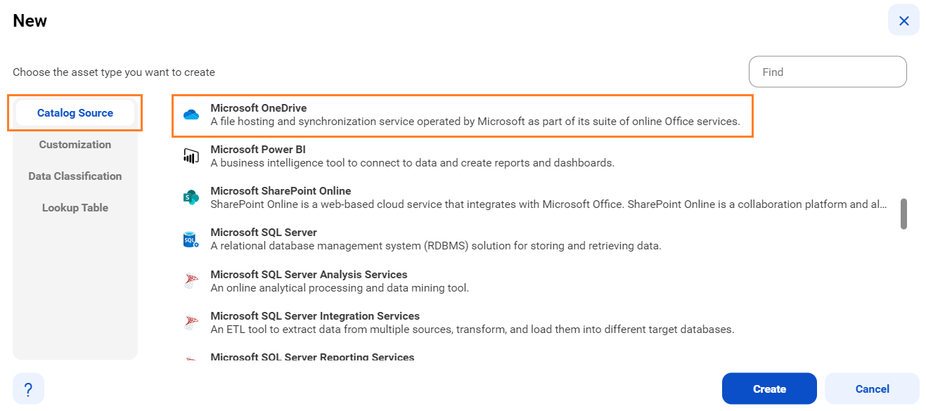 The image shows the list of catalog sources with the Microsoft OneDrive catalog source selected and an option to create a new catalog source.