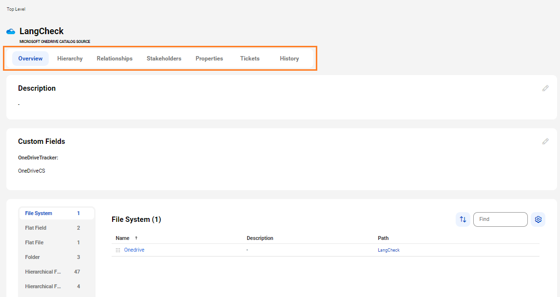 The image shows a sample Microsoft OneDrive asset page with tabs that allow you to view the asset.