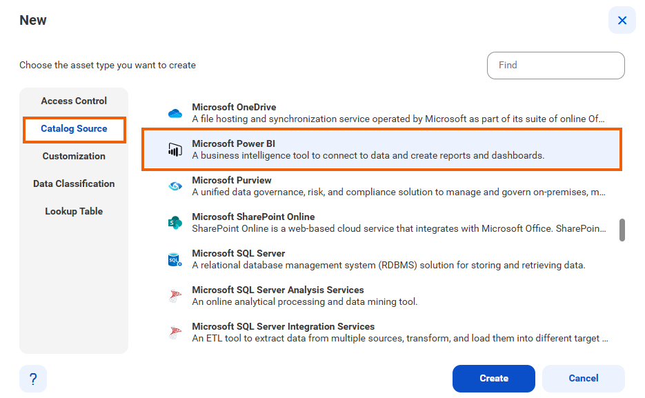 The image shows the list of catalog sources with the Microsoft Power Bl catalog source selected and an option to create a new catalog source.