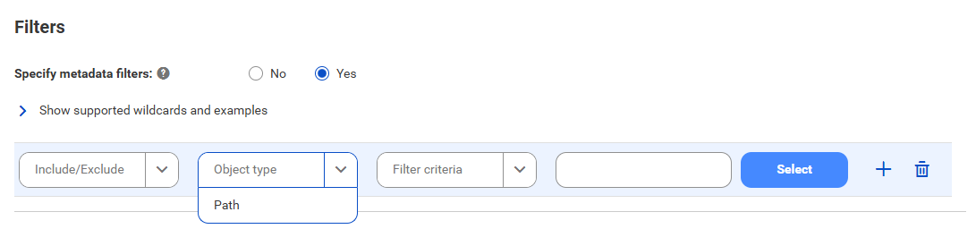 The image shows the Filters area for the Microsoft Power BI catalog source. You can choose to include or exclude metadata and enter a value to specify the object location.