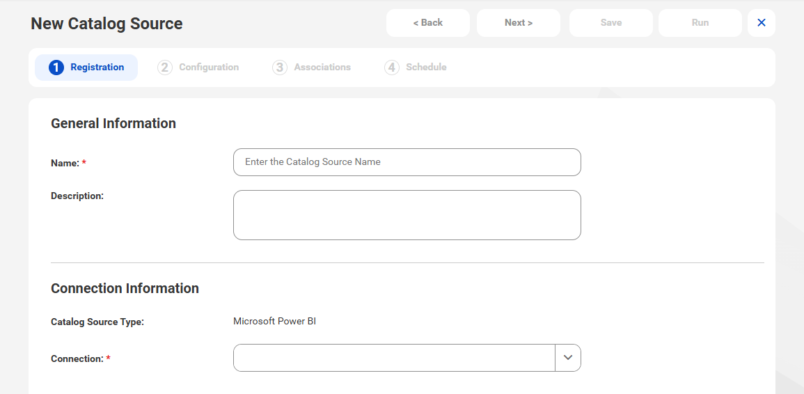 The image shows the New Catalog Source page with the Microsoft Power Bl catalog source type selected.