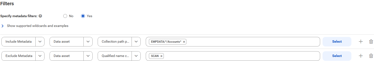 The image shows the filter conditions for a Microsoft Purview catalog source that includes metadata from objects within collections.