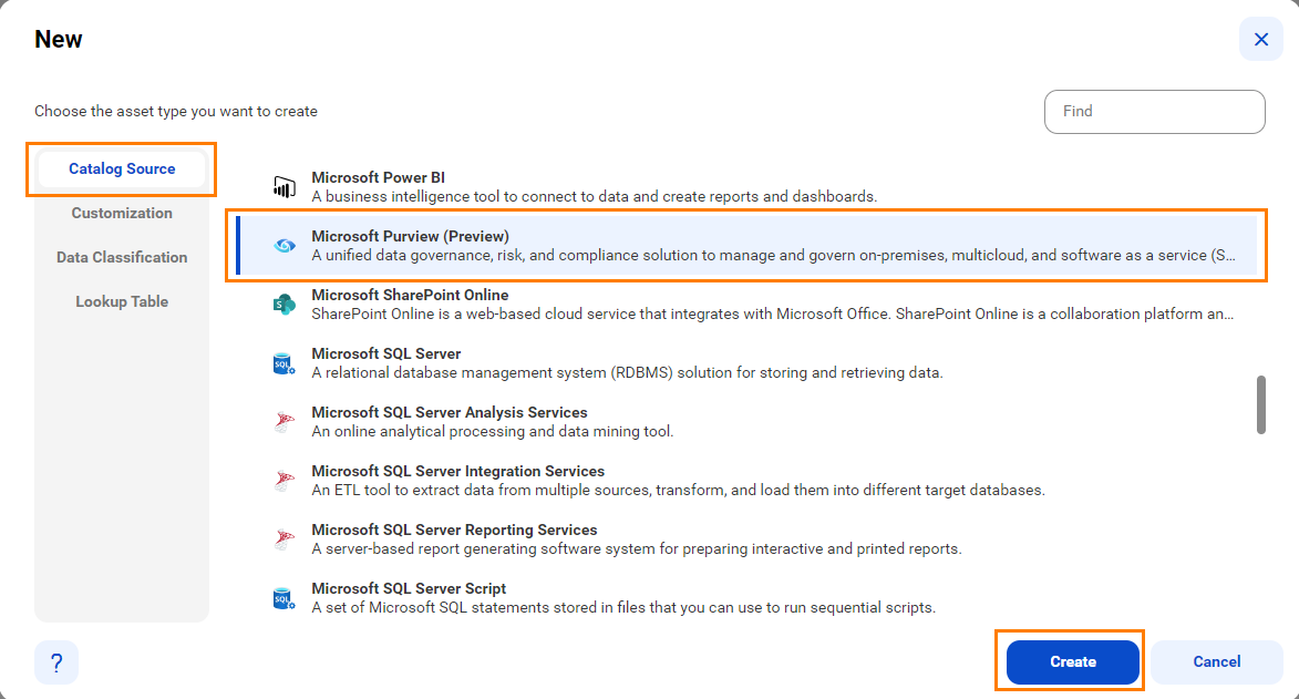 The image shows the list of catalog sources with the Microsoft Purview catalog source selected and an option to create a new catalog source.