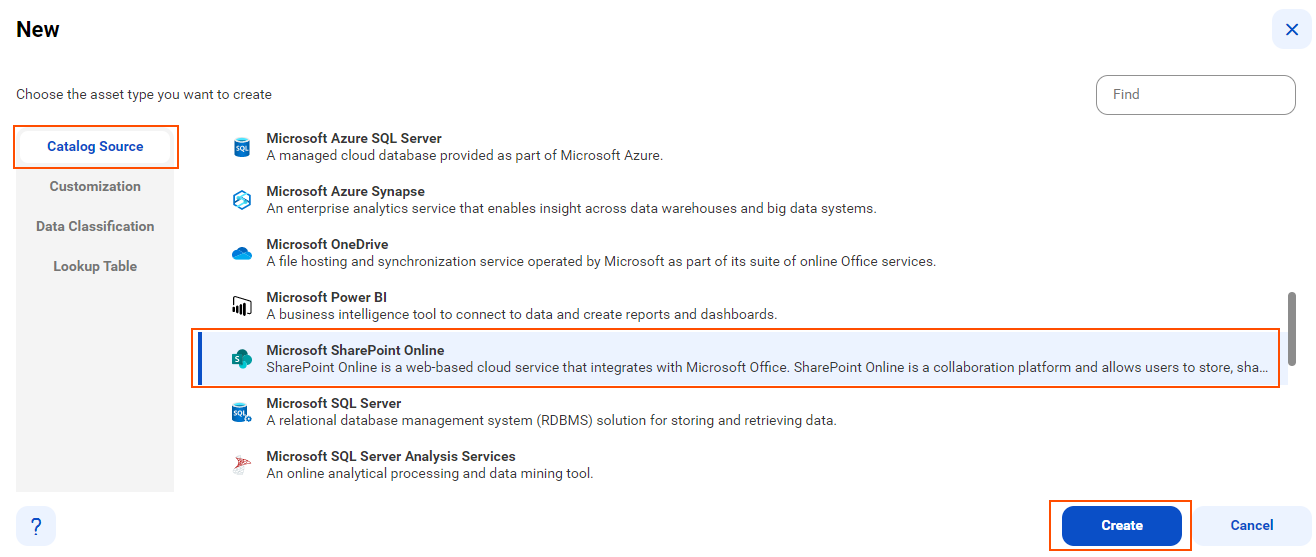 The list of catalog sources is visible with the Microsoft SharePoint Online catalog source selected and an option to create a new catalog source.