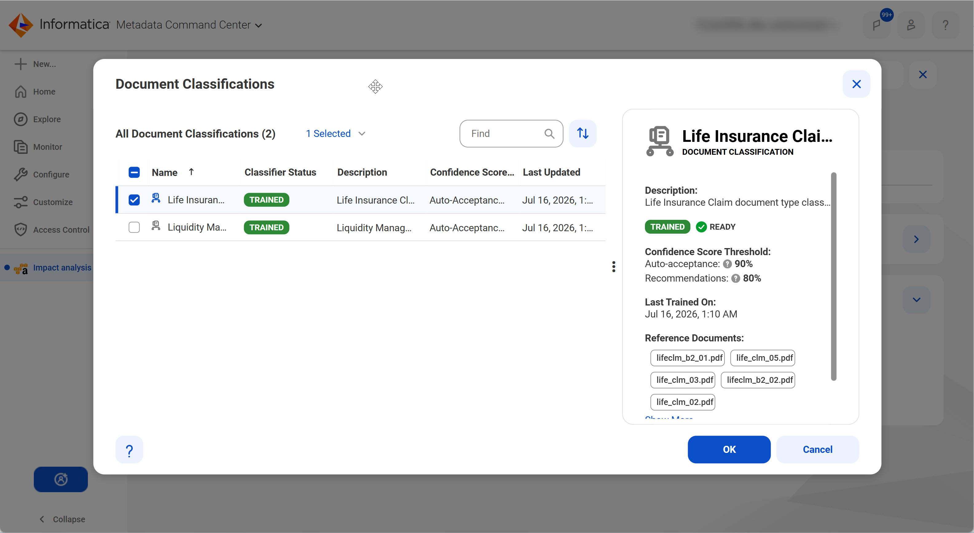 The Document Classifications dialog box displaying a table containing document classifications. The table displays the classifier status, description, confidence score threshold, and the last updated fields for each document classification.