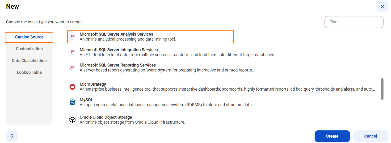 The image shows the list of catalog sources with the Microsoft SQL Server Analysis Services catalog source selected and an option to create a new catalog source.