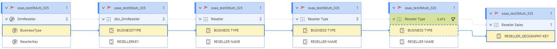The multidimensional lineage at the data element level diagram shows how the BusinessType field gets data from the BusinessType referenced data element before connection assignment.