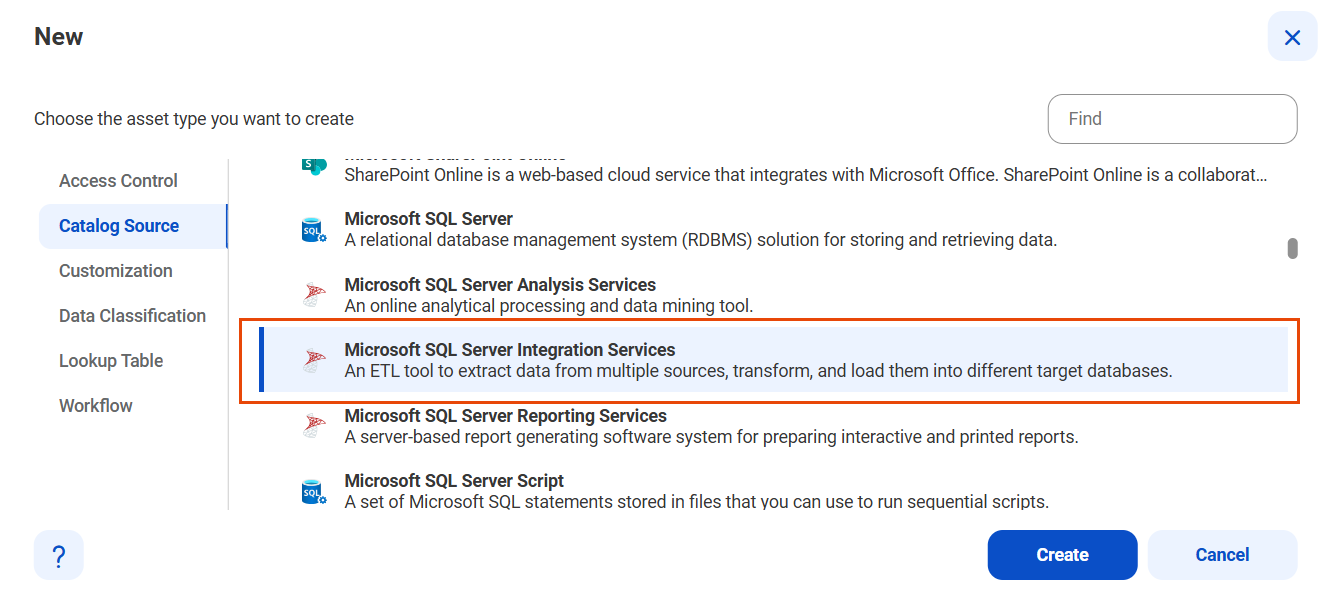 The image shows the list of catalog sources with the Microsoft SQL Server Integration Services catalog source selected and an option to create a new catalog source.