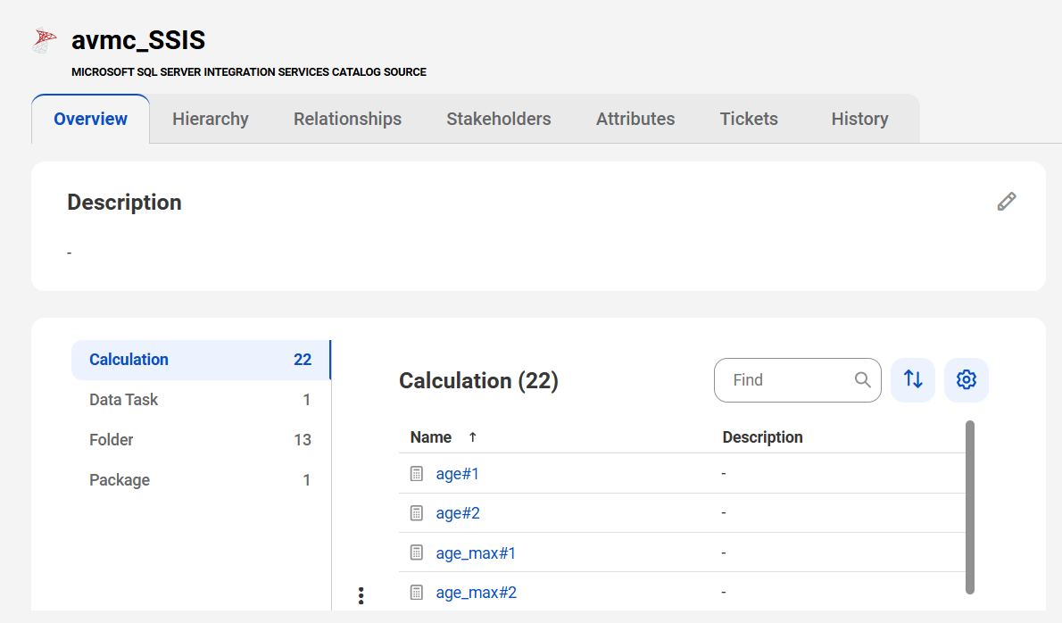 The image shows a sample Microsoft SQL Server Integration Services asset page with tabs that allow you to view the asset.