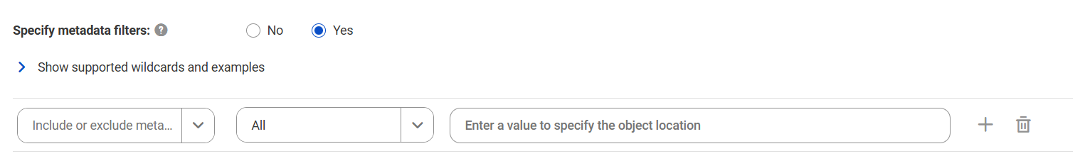 The image shows the Filters area for the Microsoft SQL Server Integration Services catalog source. You can choose to include or exclude metadata and enter a value to specify the object location.