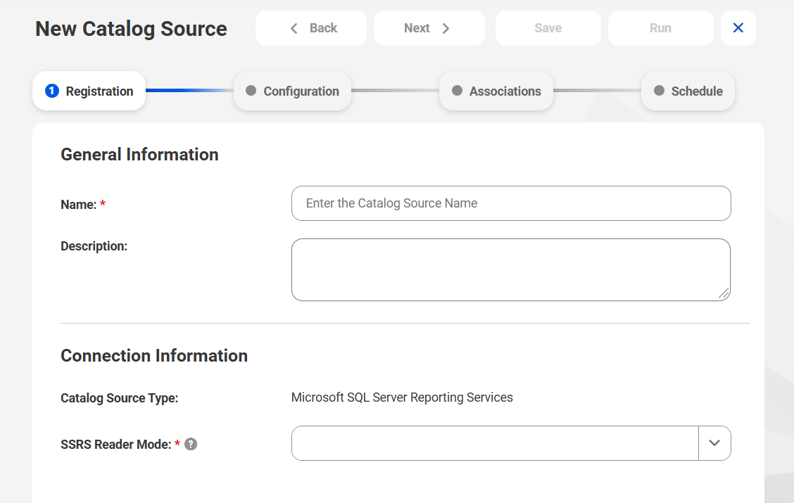 The image shows the New Catalog Source page with the Microsoft SQL Server Reporting Services catalog source type selected.