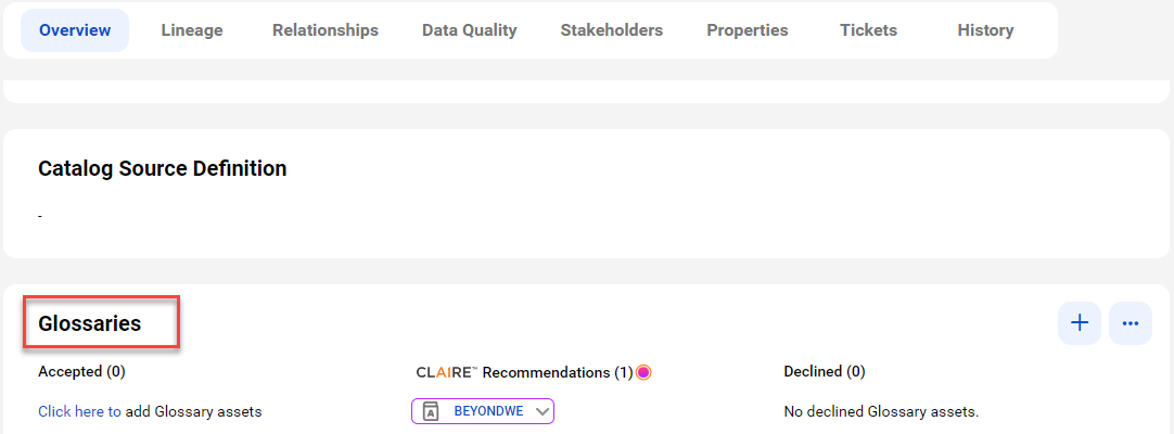 The column asset page contains the automatically accepted and CLAIRE® recommended terms.