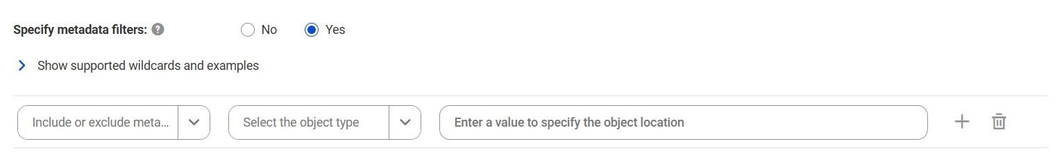The image shows the Filters area for the Microsoft SQL Server Reporting Services catalog source. You can choose to include or exclude metadata and enter a value to specify the object location.