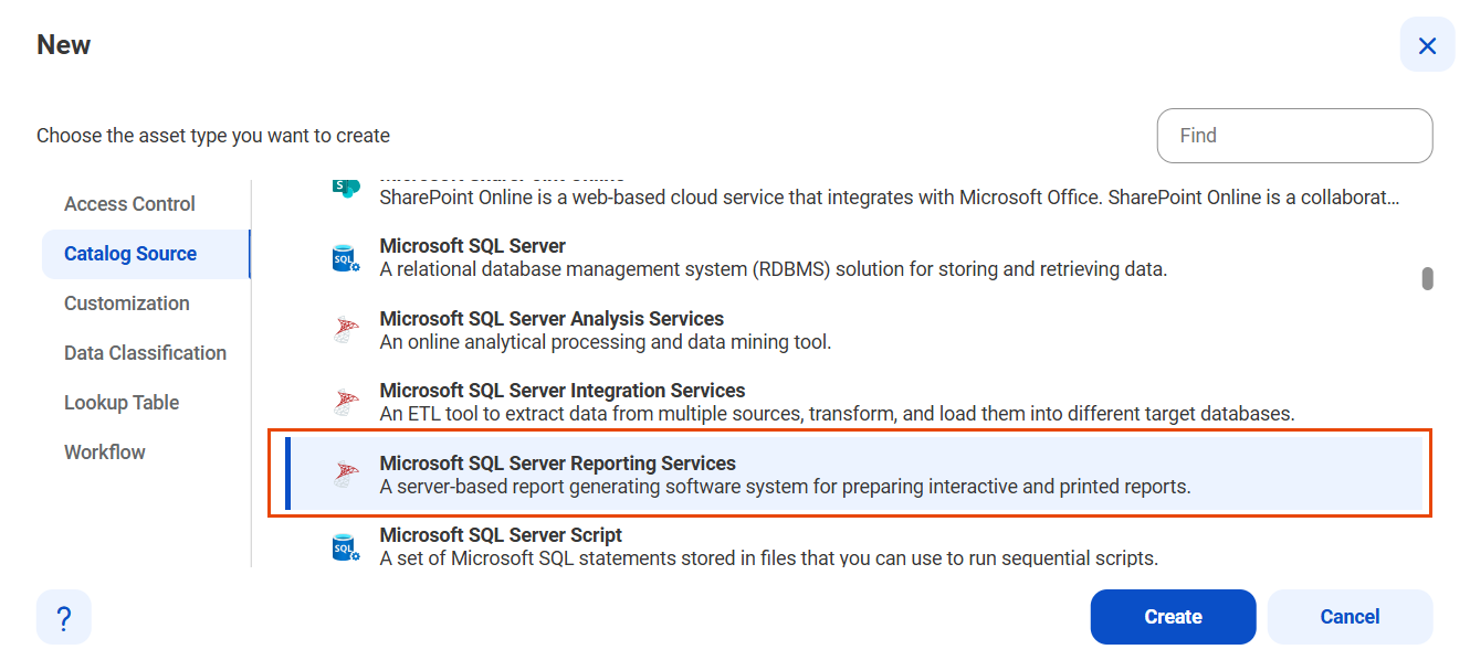 The image shows the list of catalog sources with the Microsoft SQL Server Reporting Services catalog source selected and an option to create a new catalog source.
