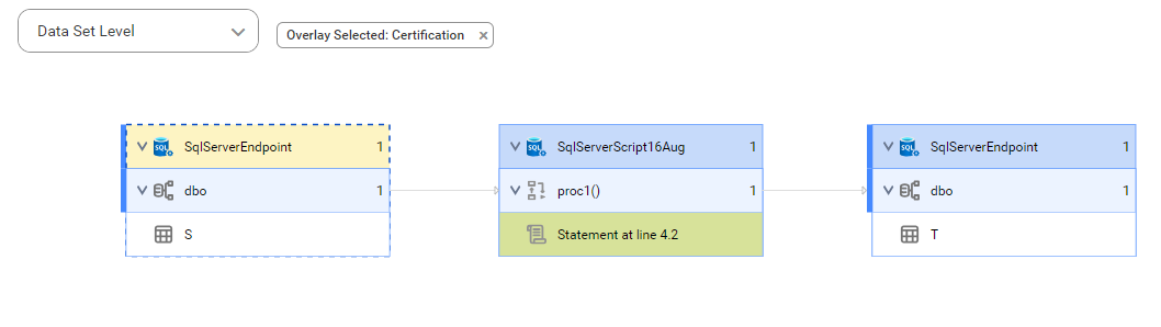 The data set level lineage diagram starts at the S source table and shows how the data flows to the target T table.
