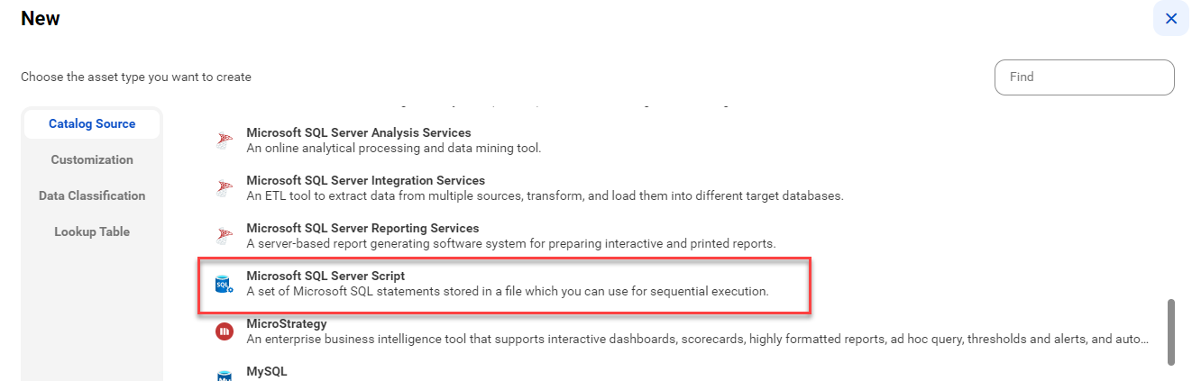 The image shows the list of catalog sources with the Microsoft SQL Server Script catalog source selected and an option to create a new catalog source.