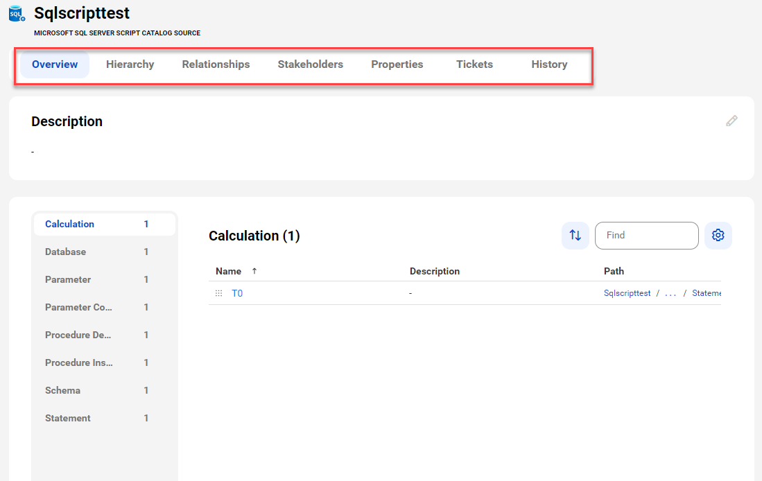 The image shows a sample Microsoft SQL Server Script asset page with tabs that allow you to view the asset.