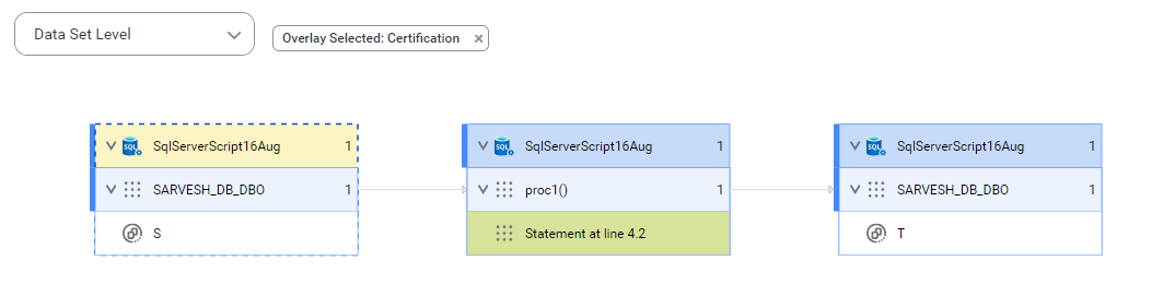 The data set level lineage diagram starts at the S source table and shows how the data flows to the target T table.