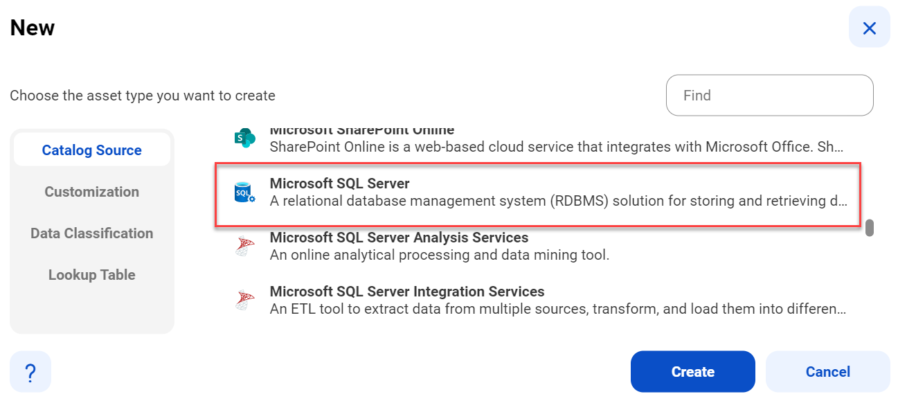 The image shows the list of catalog sources with the Microsoft SQL Server catalog source selected and an option to create a new catalog source.