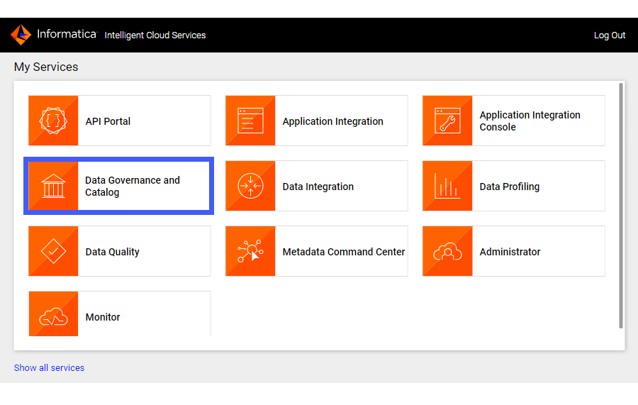 The image shows the My services page with the Data Governance and Catalog box selected.