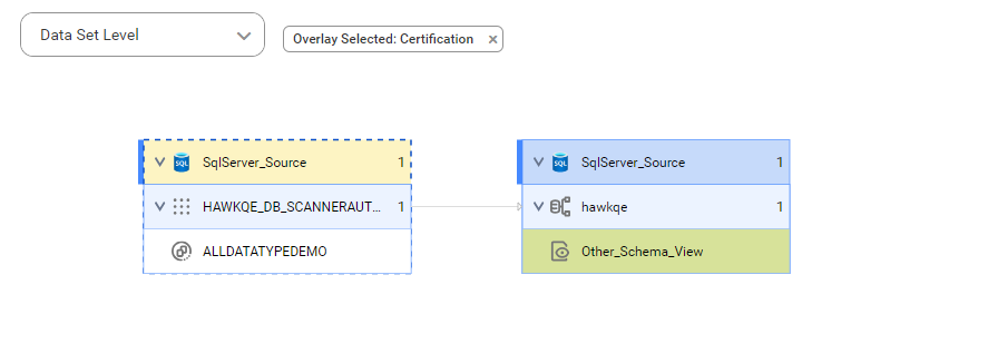 The data set level lineage diagram starts at the ALLDATATYPEDEMO source table and shows how the data flows to the target Other _Schema_Vew view.