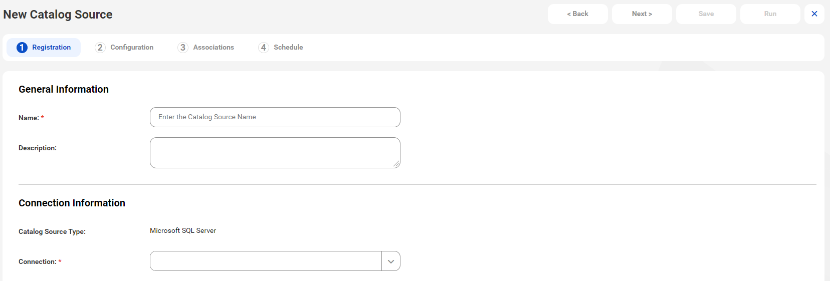 The image shows a Microsoft SQL Server Registration tab with General Information and Connection Information areas.