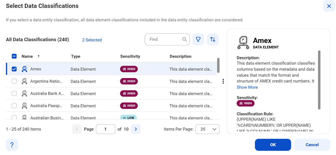 The image shows the list of data classifications, the OK button, and the Cancel button.