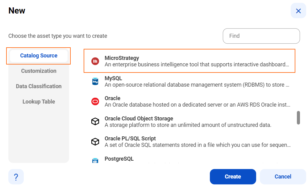 The list of catalog sources is visible with the MicroStrategy catalog source selected and an option to create a new catalog source.
