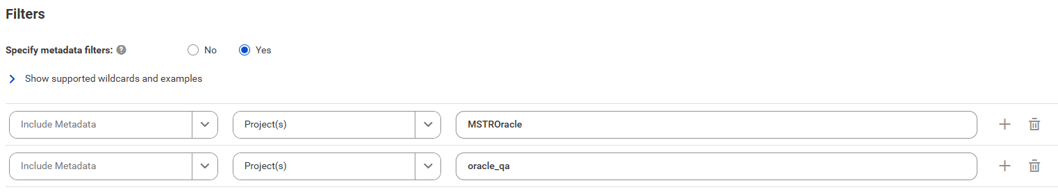 The Filters section of MicroStrategy catalog source with sample filters to include the MSTROracle project or the oracle_qa project.
