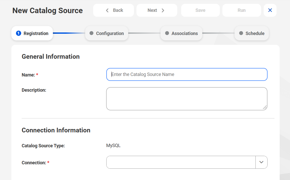 The image shows the New Catalog Source page with the MySQL catalog source type selected.