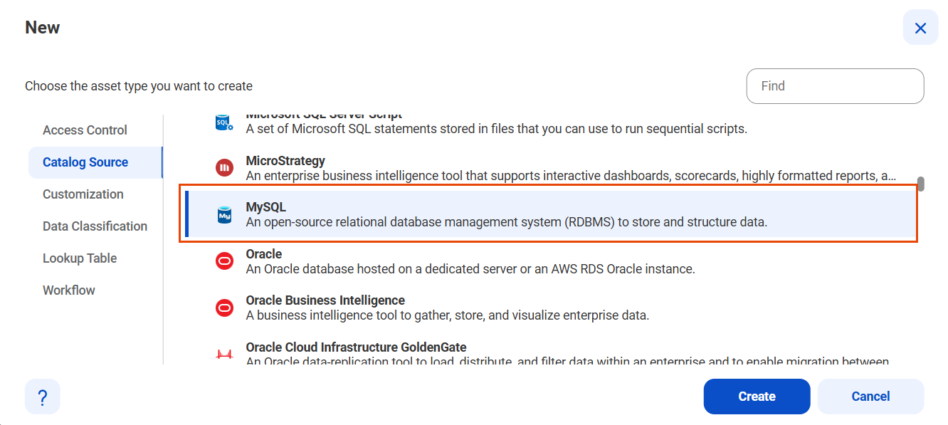 The image shows the list of catalog sources with the MySQL catalog source selected and an option to create a new catalog source.