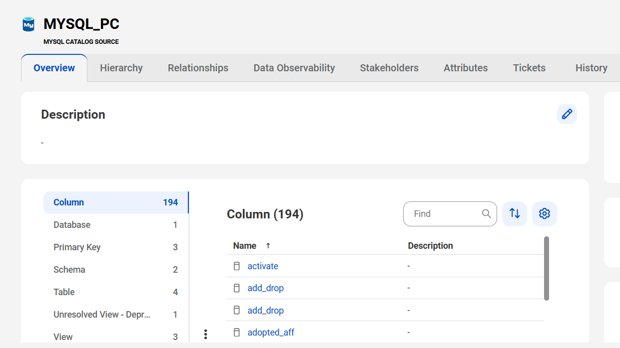 The image shows a sample MySQL asset page with tabs that allow you to view the asset.