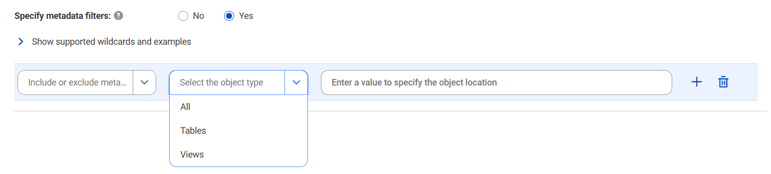 The image shows the Filters area for the MySQL catalog source. You can choose to include or exclude metadata and enter a value to specify the object location.