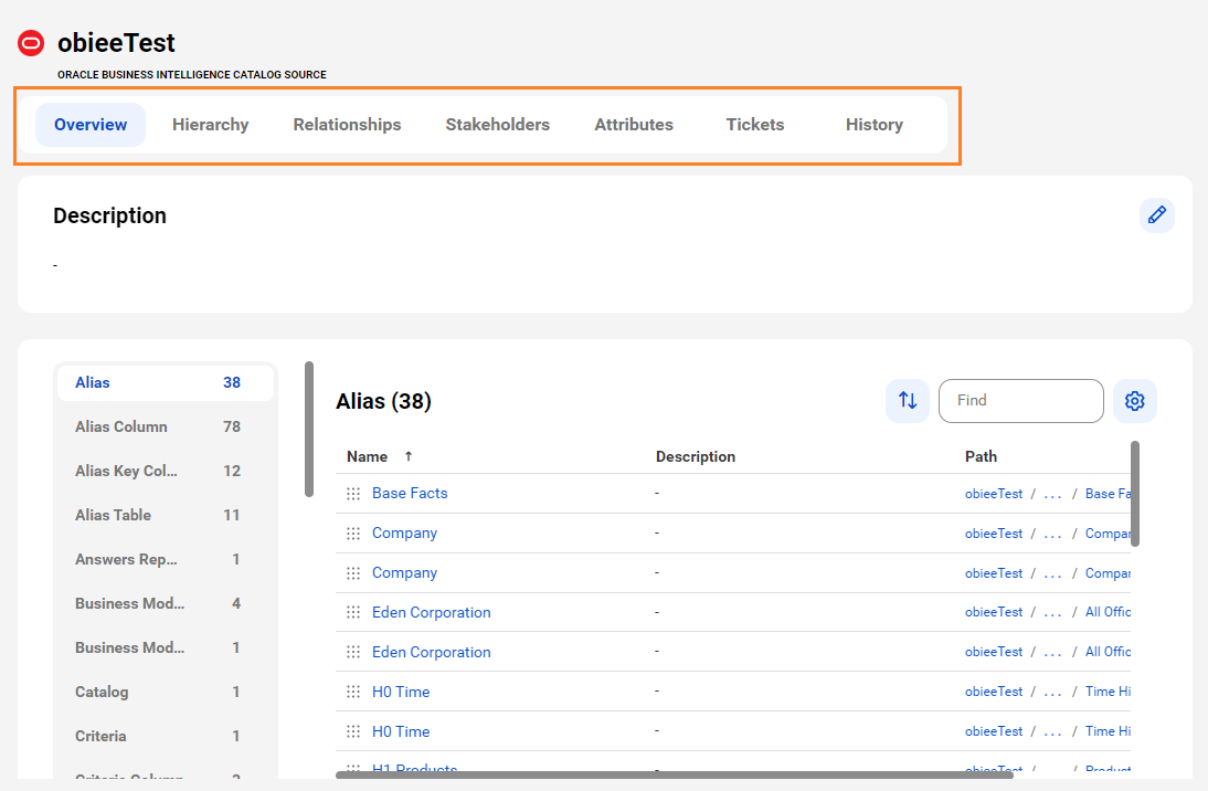 The image shows an Oracle Business Intelligence catalog source page with tabs that allow you to view the asset.