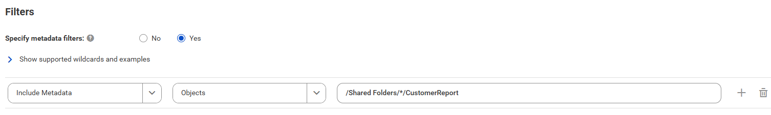 The image shows the filter conditions for an Oracle Business Intelligence catalog source that includes metadata from all objects named CustomerReport located across folders in the specified Oracle Business Intelligence repository.