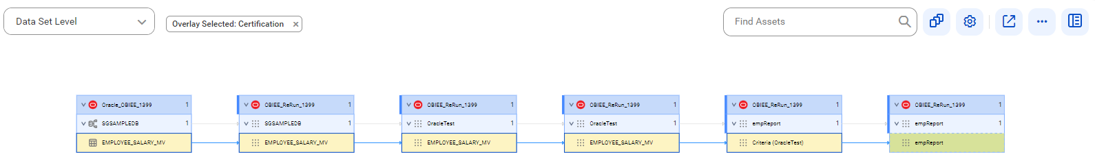 The data set level lineage diagram starts at the EMPLOYEE_SALARY_MV table of an Oracle source system and ends at the empReport report of an Oracle Business Intelligence source system. The image represents objects after connection assignment to an Oracle source system.