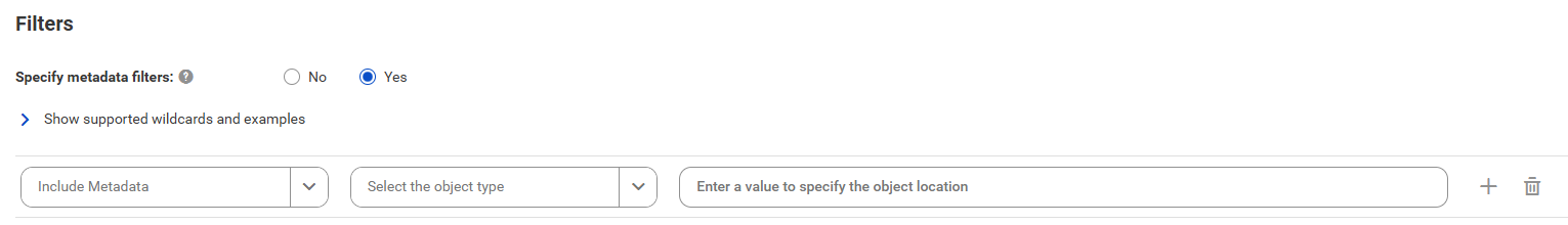 The image shows the Filters area for the Oracle Business Intelligence catalog source. You can choose to include metadata from objects such as reports or folders and enter the object location.
