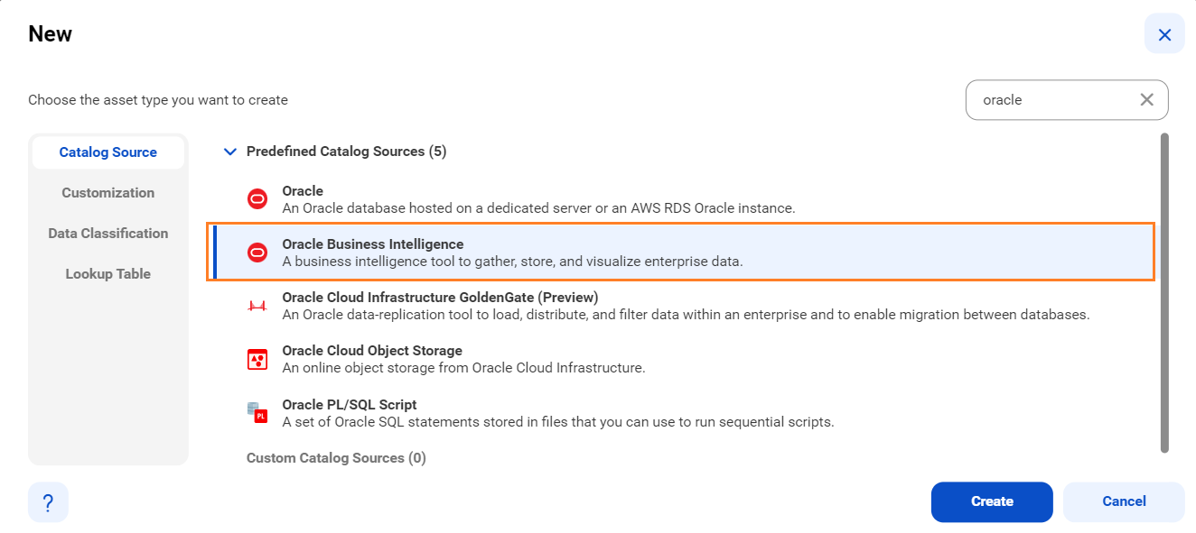The image shows the list of catalog sources with the Oracle Business Intelligence catalog source selected and an option to create a new catalog source.