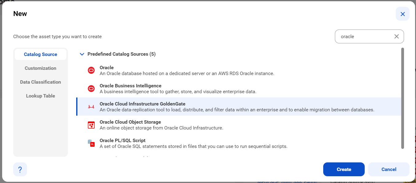 The image shows the New Catalog Source page with the Oracle Cloud Infrastructure GoldenGate catalog source type selected.