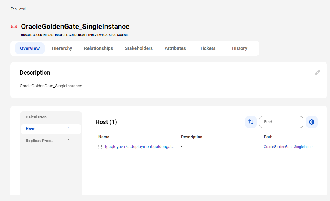 The image shows a sample Oracle Cloud Infrastructure GoldenGate asset page with tabs that allow you to view the asset.