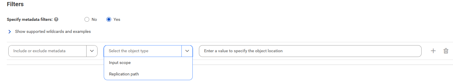 The image shows the Filters area for the Oracle Cloud Infrastructure GoldenGate catalog source. You can choose to include or exclude metadata, choose the object type, and specify the object location.