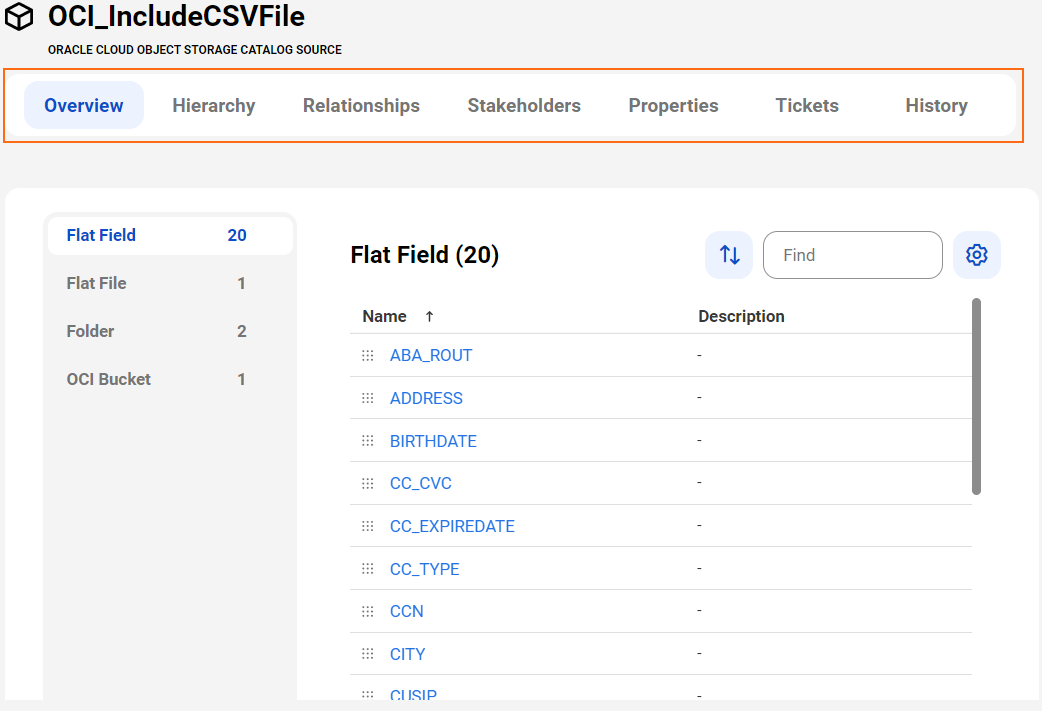 The image shows a sample Oracle Cloud Object Storage asset page with tabs that allow you to view the asset.