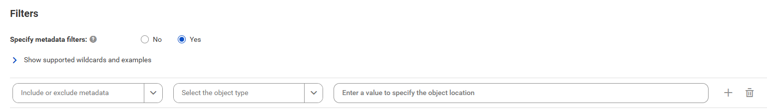 The image shows the Filters area for the Oracle Data Integrator catalog source. You can choose to include or exclude metadata and enter a value to specify the object location.