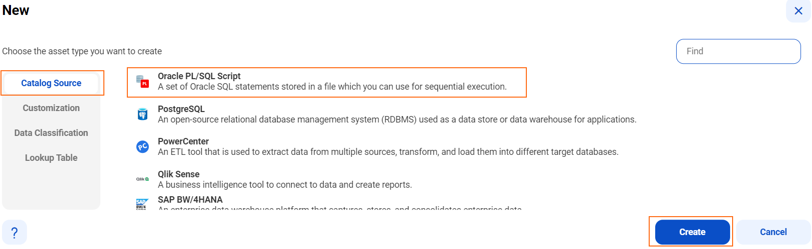 The image shows the list of catalog sources with the Oracle PL/SQL Script catalog source selected and an option to create a new catalog source.