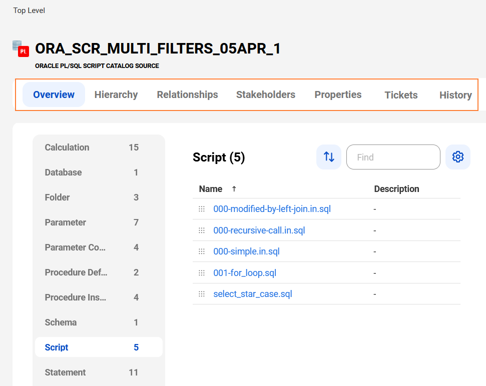 The image shows a sample Oracle PL/SQL Script asset page with tabs that allow you to view the asset.