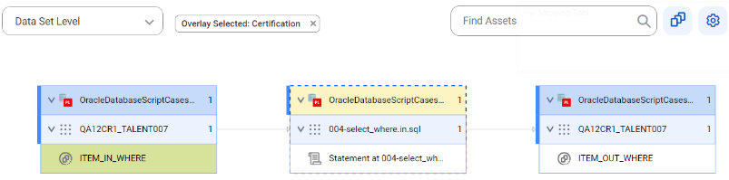 The data set level lineage diagram shows a data set level lineage that gets data from the ITEM_IN_WHERE data set and inserts it into the ITEM_OUT_WHERE data set before connection assignment.