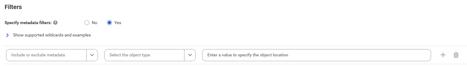 The image shows filter conditions for the Oracle PL/SQL Script catalog source. You can select to include or exclude metadata from objects and specify the object location.