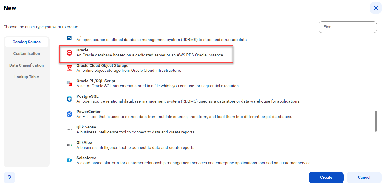 The image shows the list of catalog sources with the Oracle catalog source selected and an option to create a new catalog source.
